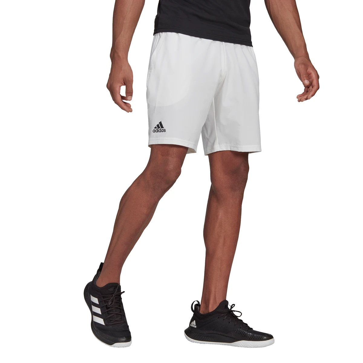 adidas Men's Club Stretch Woven 9-Inch Shorts (White/Black) Adidas Men's Club Stretch Woven 9-Inch Shorts (White/Black) -Racquet Equipment Store GH7222 APP on model standard white f2738195 1a4f 4f9f ab99 95c111aaf9cb