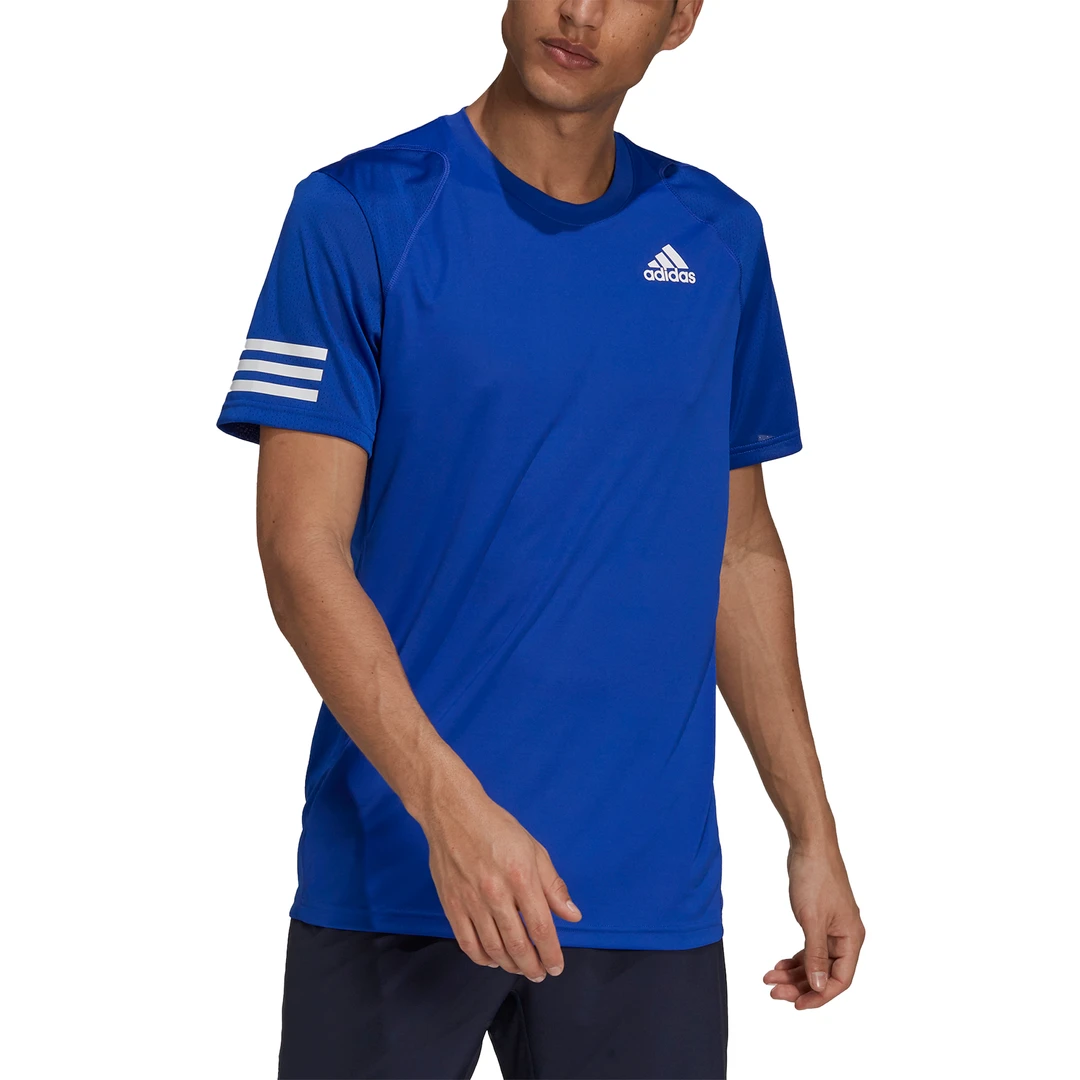 adidas Men's 3 Stripes Club Top (Blue/White) Adidas Men's 3 Stripes Club Top (Blue/White) -Racquet Equipment Store H34690 APP on model front white