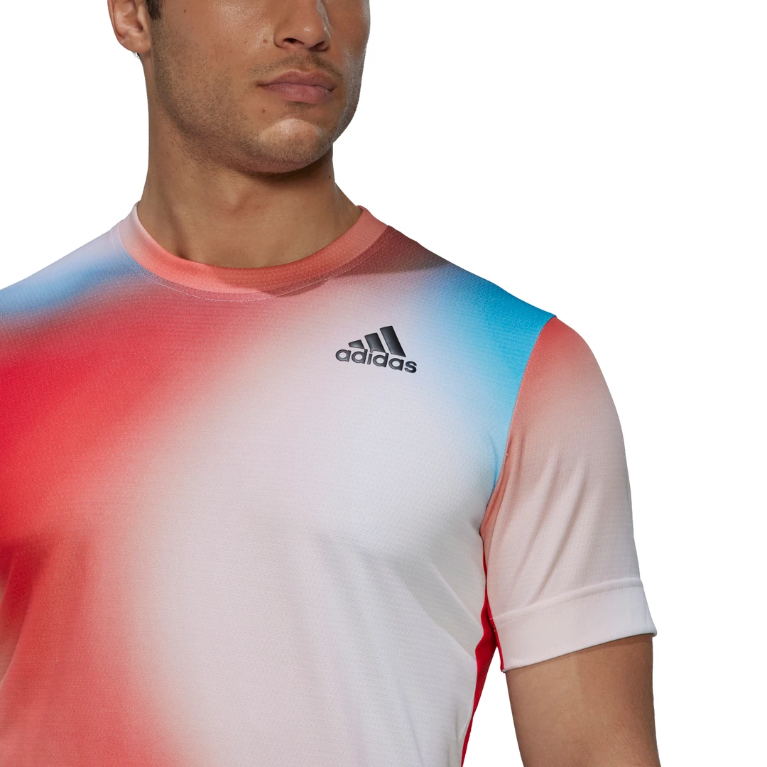 adidas Men's Melbourne FreeLift Printed Top (White/Vivid Red/Black) Adidas Men's Melbourne FreeLift Printed Top (White/Vivid Red/Black) -Racquet Equipment Store H67126 APP on model detail 1 white