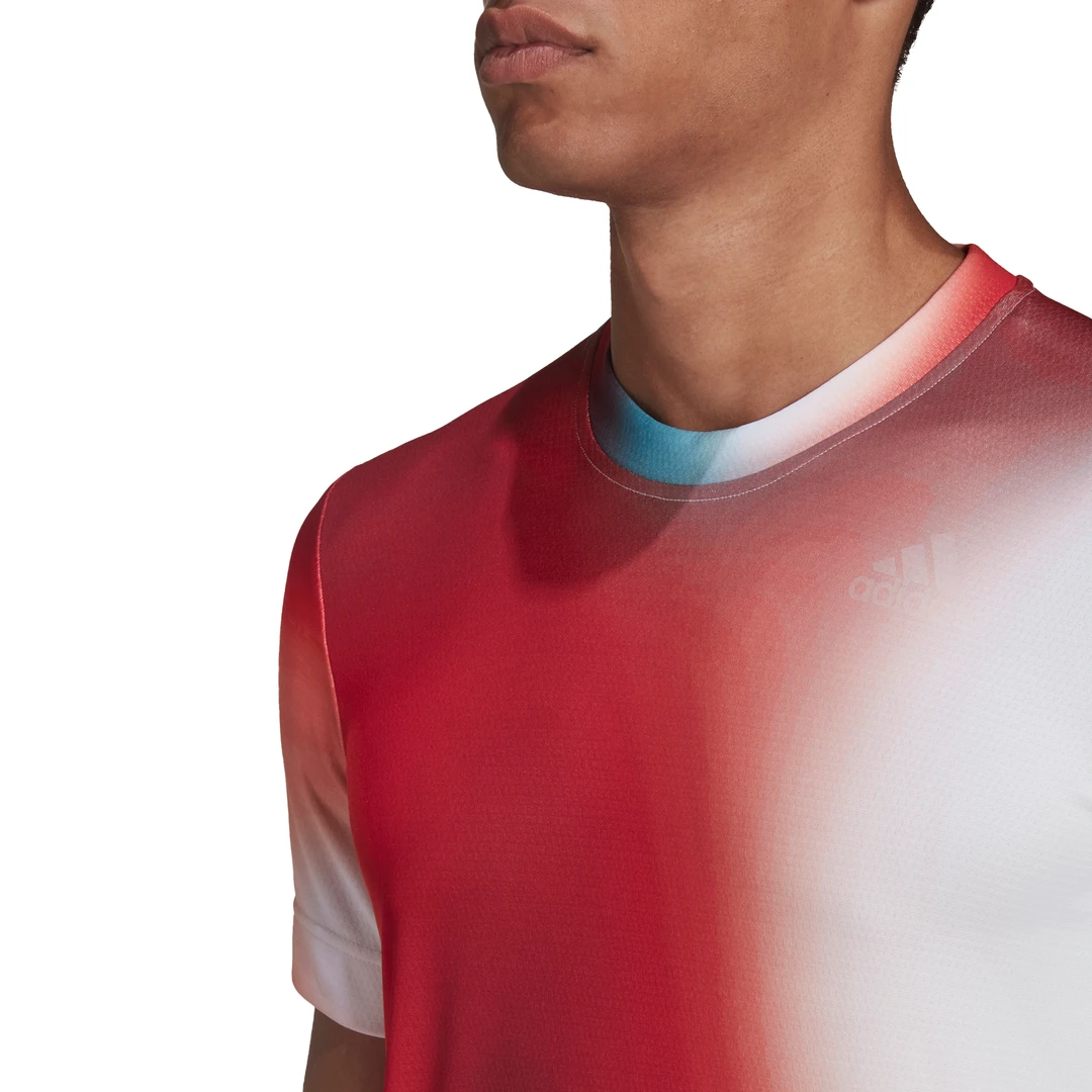 adidas Men's Melbourne FreeLift Printed Top (White/Vivid Red/Black) Adidas Men's Melbourne FreeLift Printed Top (White/Vivid Red/Black) -Racquet Equipment Store H67126 APP on model detail 2 white