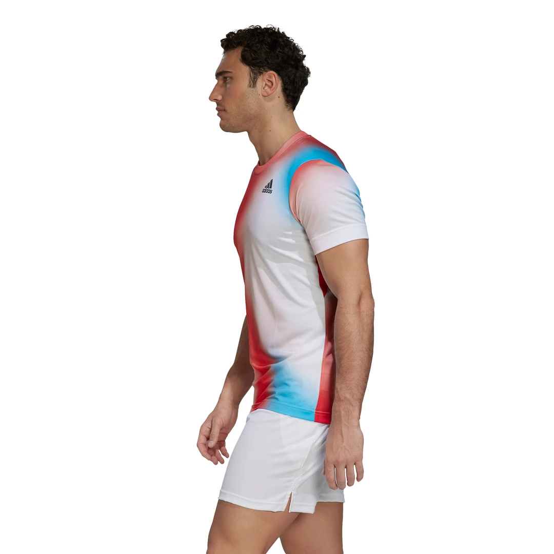adidas Men's Melbourne FreeLift Printed Top (White/Vivid Red/Black) Adidas Men's Melbourne FreeLift Printed Top (White/Vivid Red/Black) -Racquet Equipment Store H67126 APP on model side white
