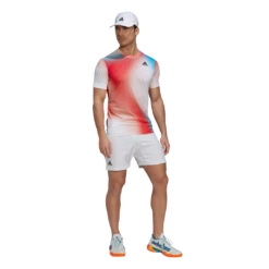 Adidas Men's Melbourne FreeLift Printed Top (White/Vivid Red/Black) 7 Adidas Men's Melbourne FreeLift Printed Top (White/Vivid Red/Black) -Racquet Equipment Store H67126 APP on model standard outfit white