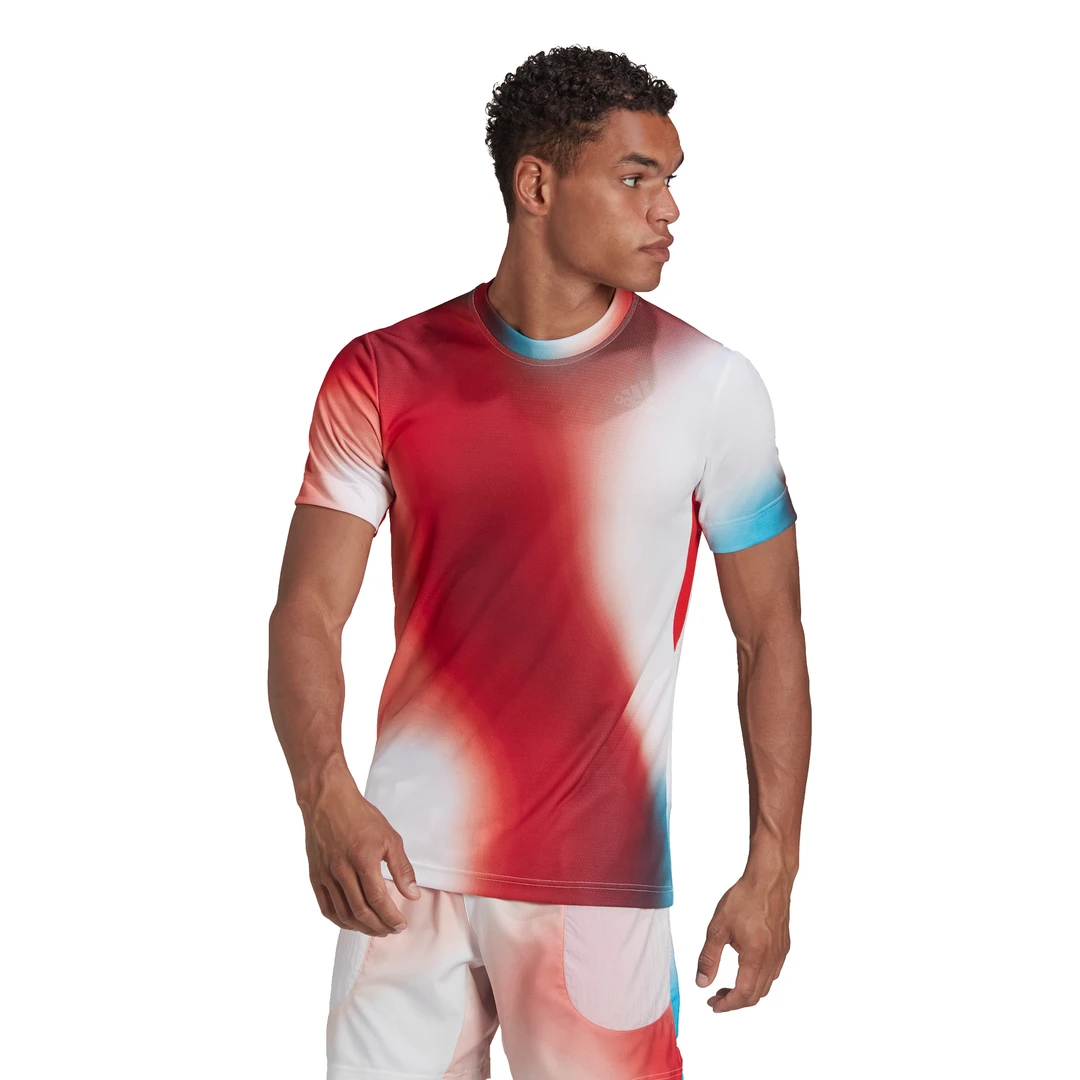 adidas Men's Melbourne FreeLift Printed Top (White/Vivid Red/Black) Adidas Men's Melbourne FreeLift Printed Top (White/Vivid Red/Black) -Racquet Equipment Store H67126 APP on model standard white