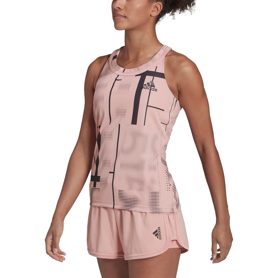 adidas Women's Club Tennis Graphic Tank Top (Wonder Mauve/Black) Adidas Women's Club Tennis Graphic Tank Top (Wonder Mauve/Black) -Racquet Equipment Store HB9093 APP on model front white