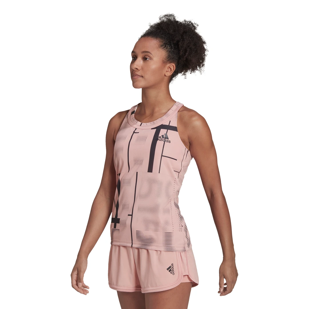 adidas Women's Club Tennis Graphic Tank Top (Wonder Mauve/Black) Adidas Women's Club Tennis Graphic Tank Top (Wonder Mauve/Black) -Racquet Equipment Store HB9093 APP on model standard white