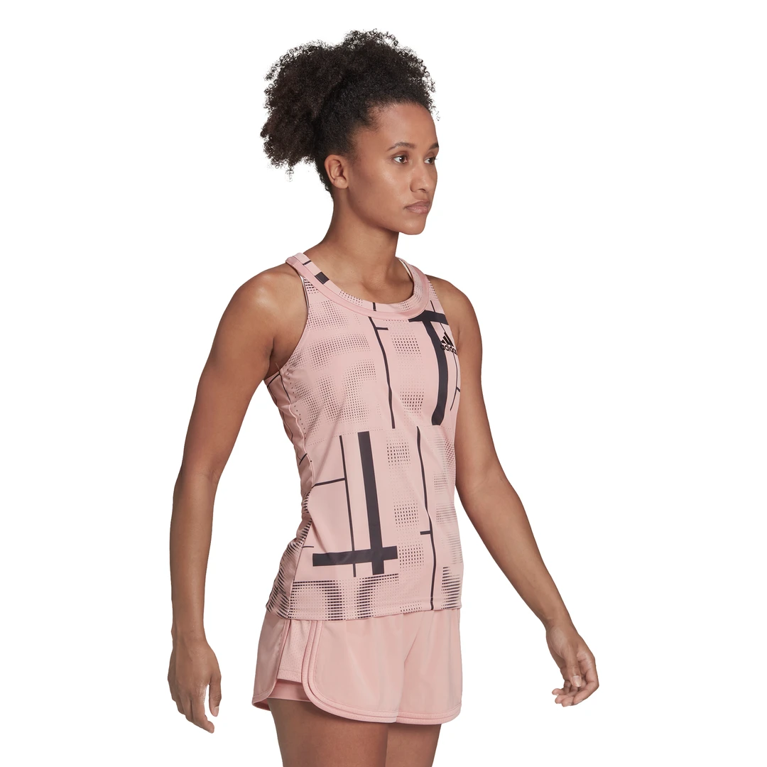 adidas Women's Club Tennis Graphic Tank Top (Wonder Mauve/Black) Adidas Women's Club Tennis Graphic Tank Top (Wonder Mauve/Black) -Racquet Equipment Store HB9093 APP on model walking white