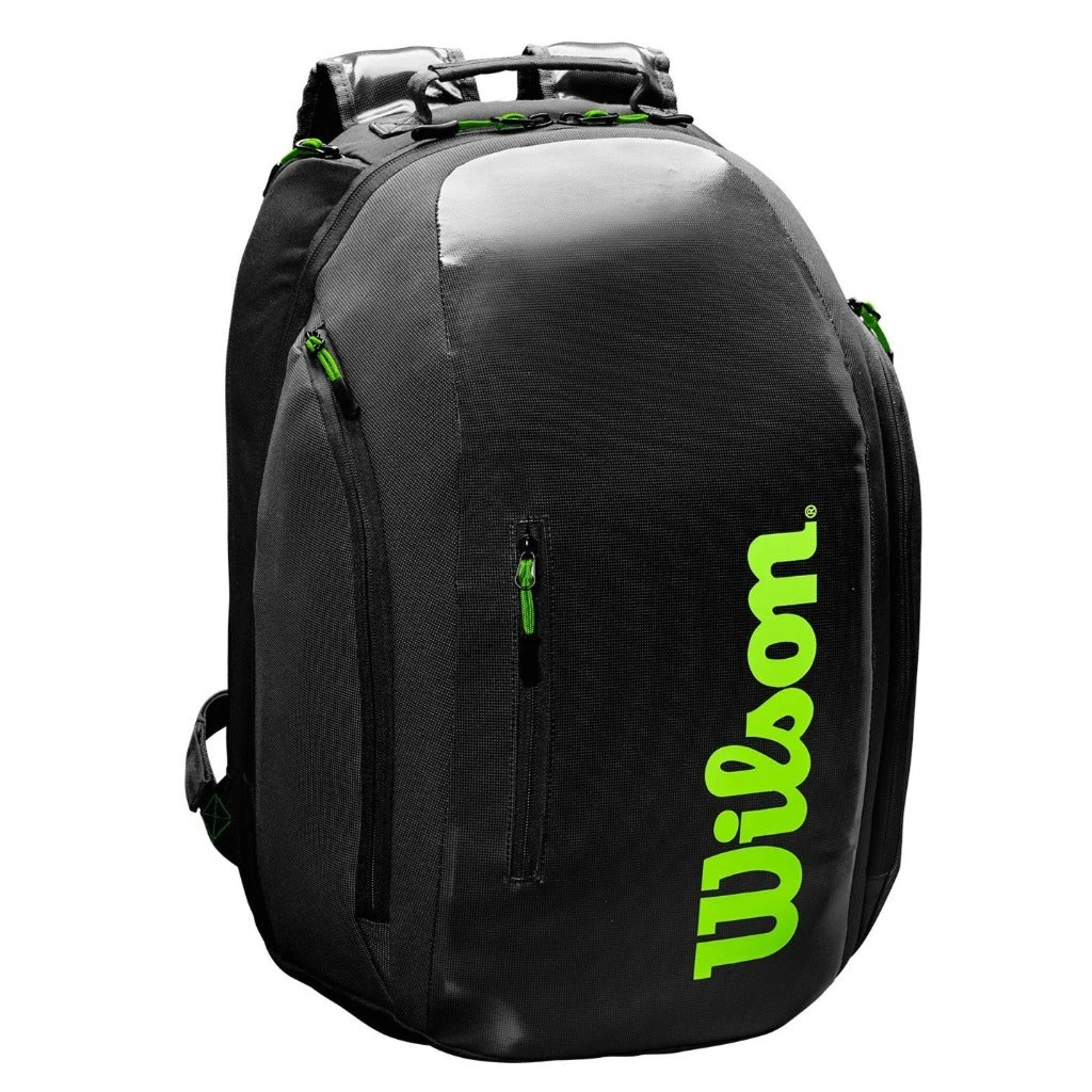 Wilson Super Tour Backpack Racquet Bag (Black/Green) Wilson Super Tour Backpack Racquet Bag (Black/Green) -Racquet Equipment Store WR8004301001 Super Tour Backpack BKGR Front