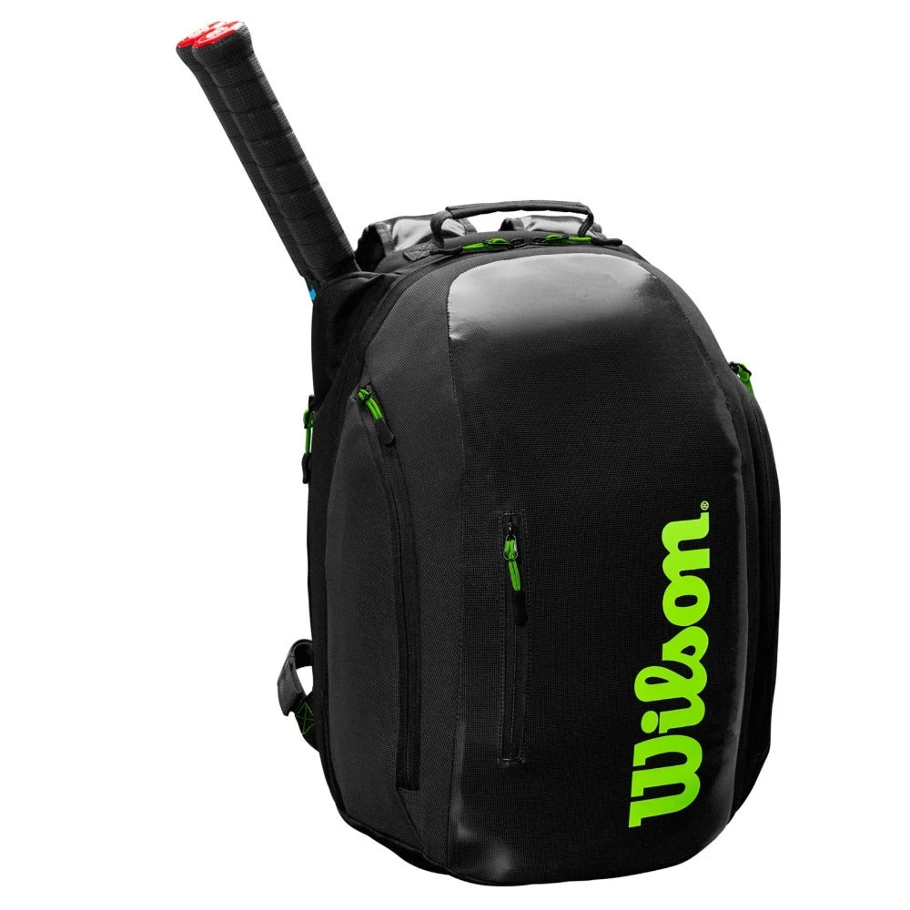 Wilson Super Tour Backpack Racquet Bag (Black/Green) Wilson Super Tour Backpack Racquet Bag (Black/Green) -Racquet Equipment Store WR8004301001 Super Tour Backpack BKGR Front wRackets