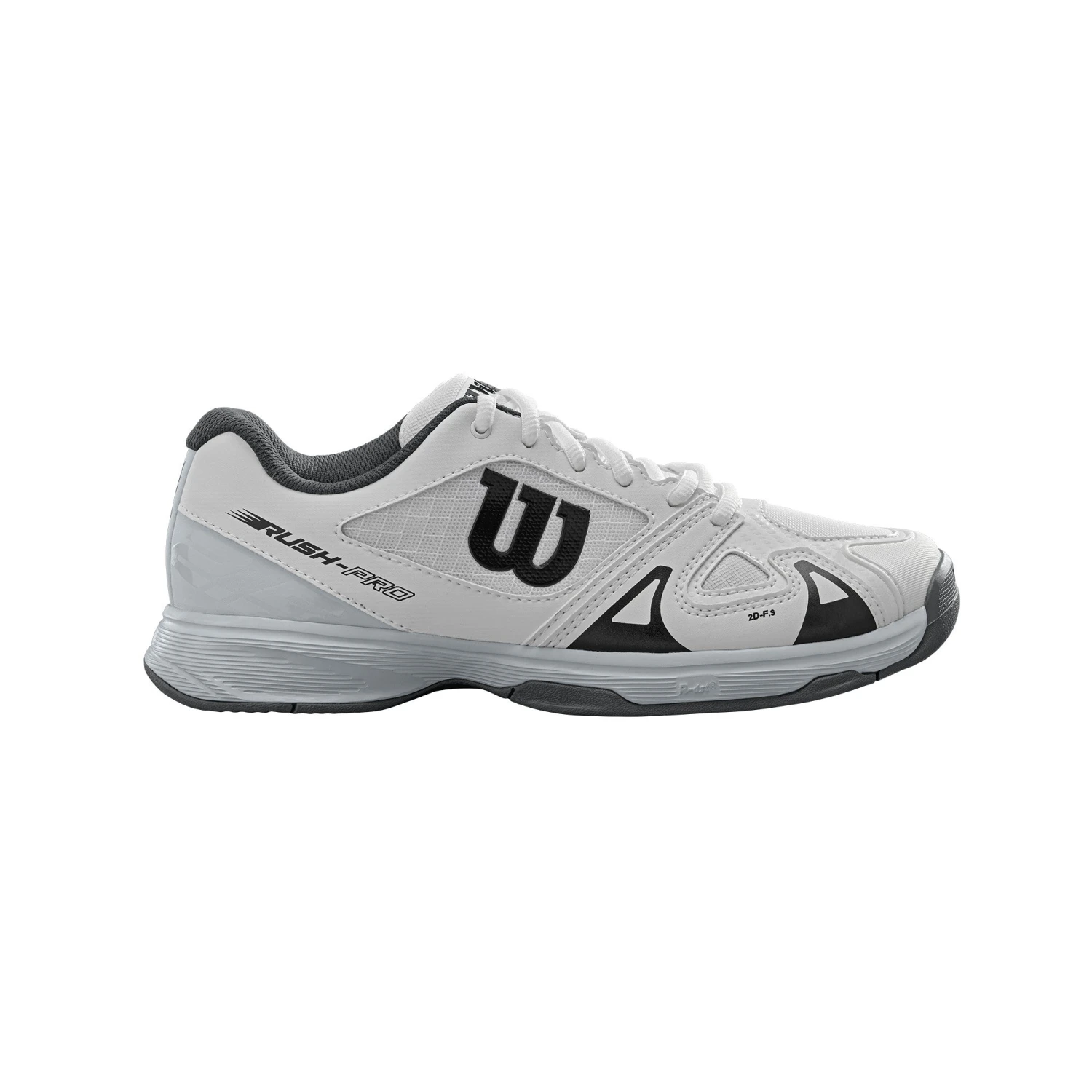Wilson Rush Pro 2.5 Junior Tennis Shoe (White/Pearl) Wilson Rush Pro 2.5 Junior Tennis Shoe (White/Pearl) -Racquet Equipment Store WRS322490 Rush Pro Jr 2.5 White PearlBlue Black Side